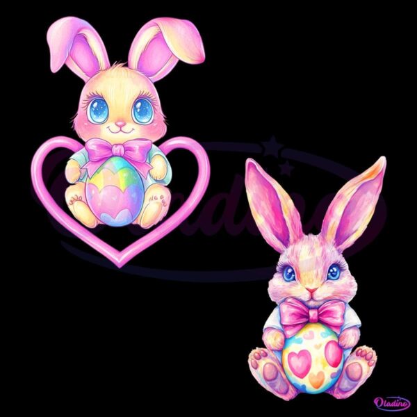 Pastel Color Bunny Holding Easter Eggs PNG Bundle