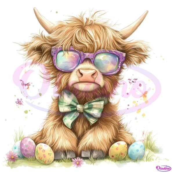 Retro Highland Cow Bunny Easter PNG
