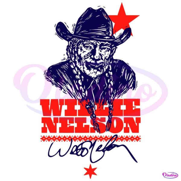 Retro Vintage Woodcut Portrait Willie Nelson Signature SVG