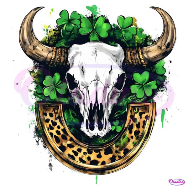 St Patricks Day Shamrock Leopard Boho Bull Skull PNG