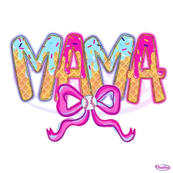 Colorful Baseball Mama Ice Cream Drip Coquette Bow PNG