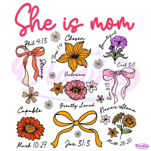 Colorful Floral Coquette Bow She Is Mom Quote SVG