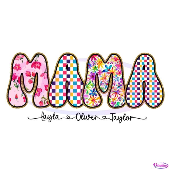Retro Preppy Mama Floral Glitter Boho Floral Checkered PNG