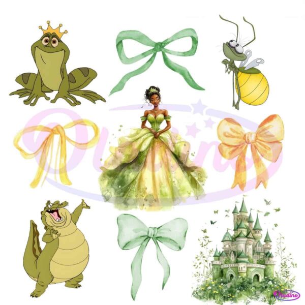 Watercolor Princess And Frog Coquette Bow PNG