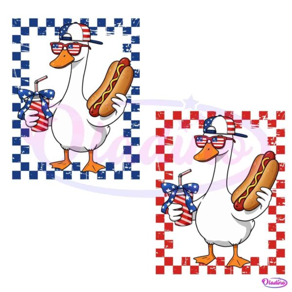 America Patriotic Goose With Hot Dog And Drink PNG