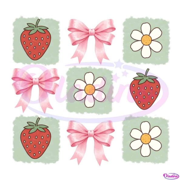 Cute Strawberry Bow And Daisy Pastel Girly Grid PNG