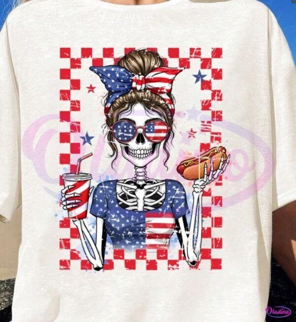 Fourth Of July Skeleton Girl Funny Merica Hotdog And Drink PNG