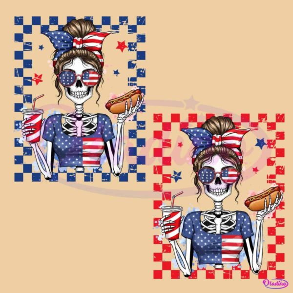 Fourth Of July Skeleton Girl Funny Merica Hotdog And Drink PNG