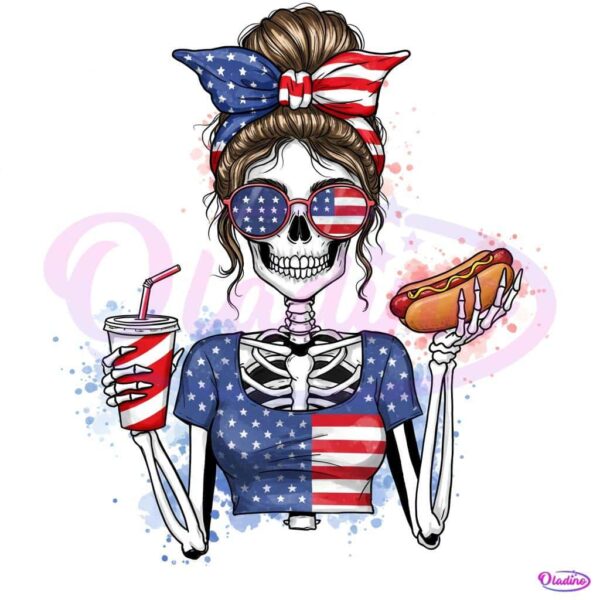 Fourth Of July Skeleton Girl Funny Merica Hotdog And Drink PNG