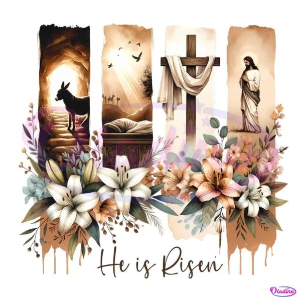 He Is Risen Jesus Resurrection Brush Stroke With Floral Cross PNG