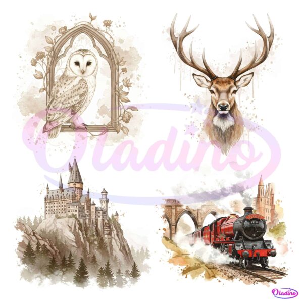 Magical School Watercolor Owl Castle Stag And Steam Train PNG
