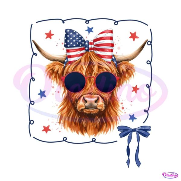 Patriotic Highland Cow 4Th Of July Farm Animal Coquette Bow PNG