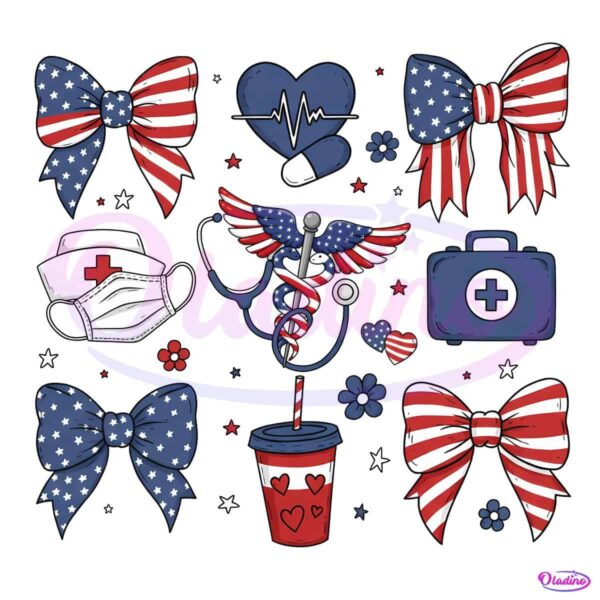 Patriotic Nurse Clipart 4Th Of July Medical Elements With Usa Flag Bows PNG