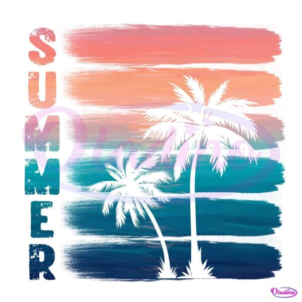 Sunset Beach Brush Stroke Design With Palm Trees PNG