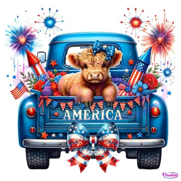 4Th Of July Cute Highland Cow On The American Truck PNG
