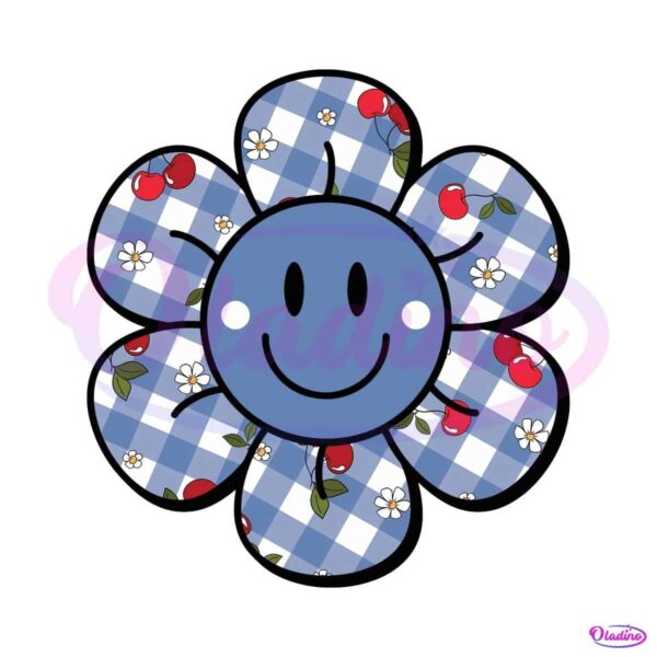 Cherry Smiley Face Patriotic Blue Floral Independence Day PNG