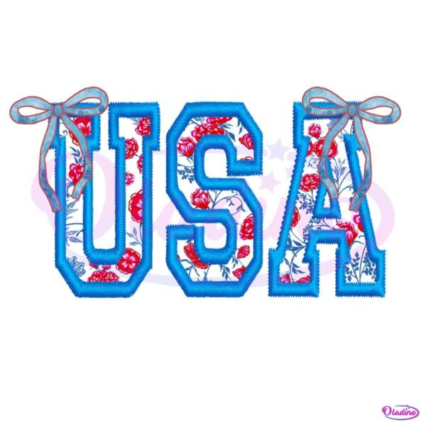 Floral Bow Usa Patriotic Girly Retro Embroidery Style Fourth Of July PNG