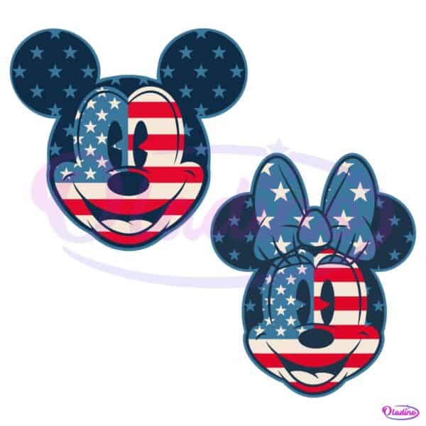 Mickey And Minnie Head With American Flag Pattern SVG