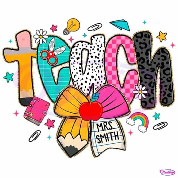 Personalized Preppy Teacher Pencil Coquette Bow Doodle PNG
