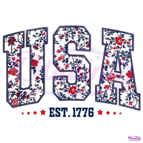 Retro Floral Usa Est 1776 4Th Of July Faux Embroidery PNG
