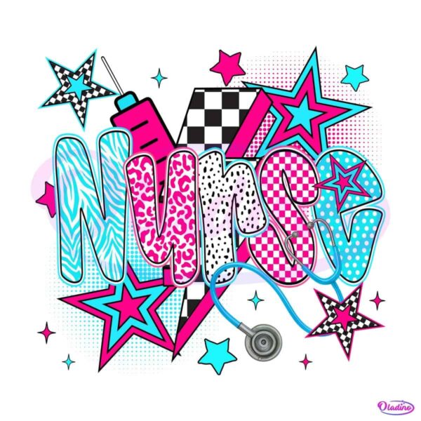 Retro Neon Nurse Life Checkered Stars PNG