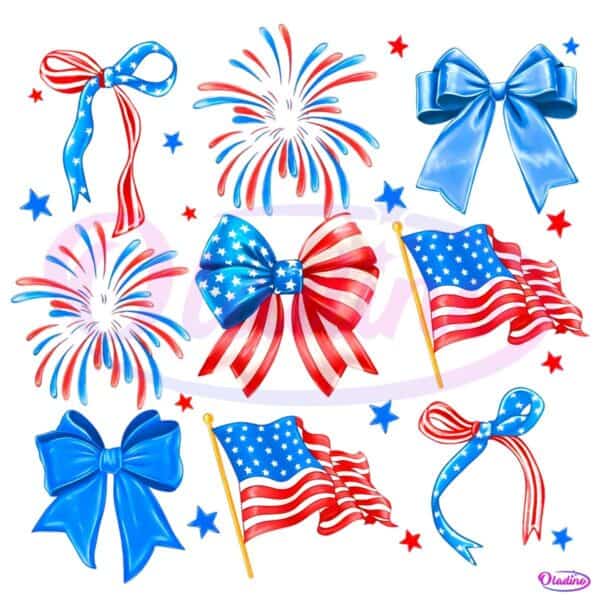 American Flag Bow Fireworks Red White Blue Coquette Girl PNG