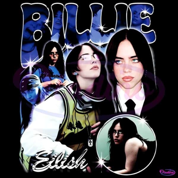 Billie Eilish Dark Hair Multi Pose Retro Sparkle Portrait Graphic PNG