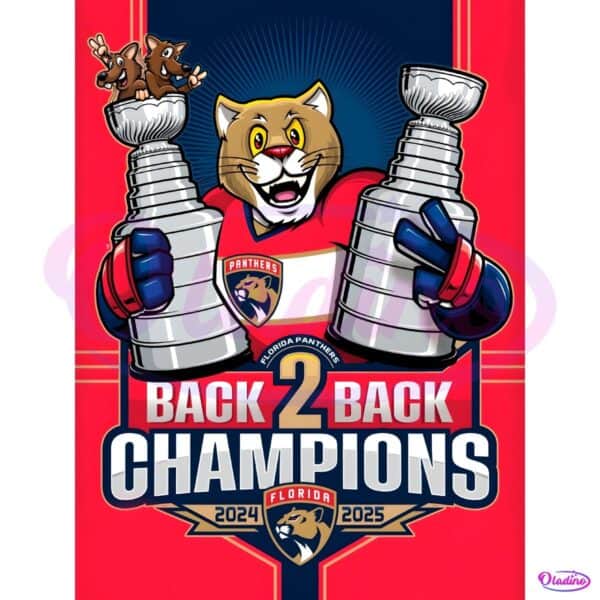 Florida Panthers Back To Back Champions 2024 2025 Mascot Holding Stanley Cups PNG