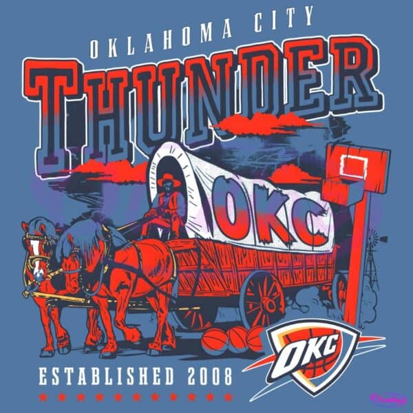 Oklahoma City Thunder Pioneer Wagon Scene Retro Basketball PNG