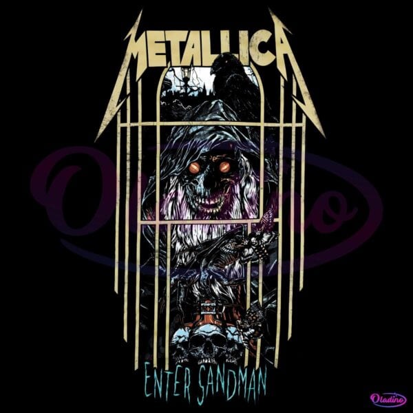 Retro Metallica Enter Sandman Pinball Art Creepy Skull Raven Graphic PNG