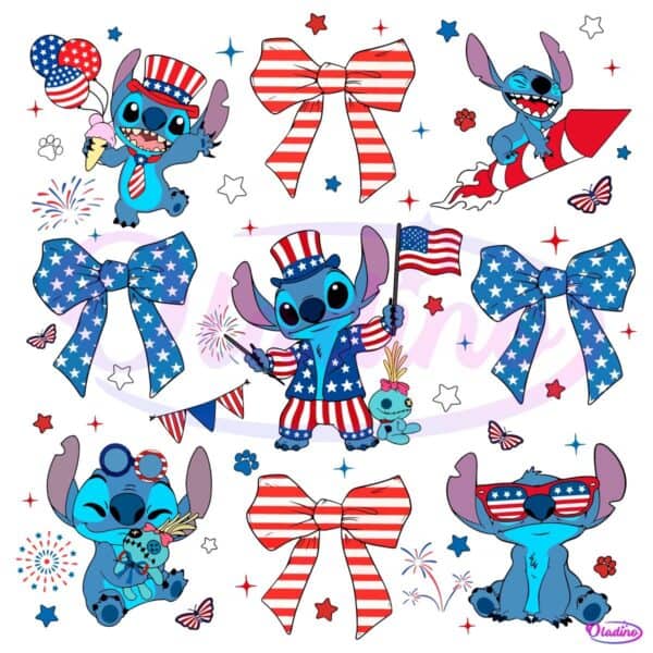 Stitch 4Th Of July Patriotic Bows And Fireworks PNG