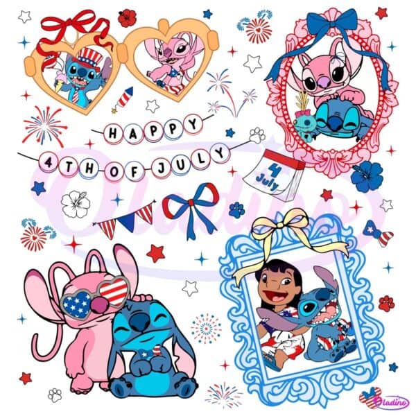 Stitch And Friends Happy 4Th Of July Coquette Bow PNG