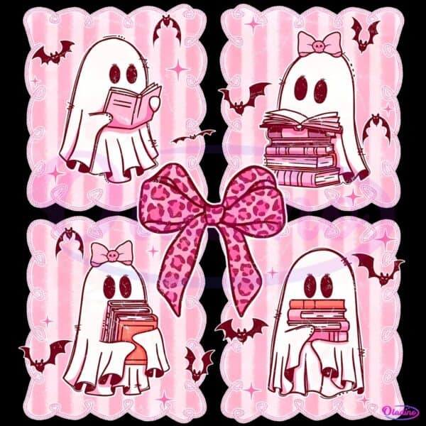 Bookish Ghost Librarian Pink Bow Halloween PNG