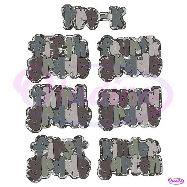 Camo Back To School Prek Kindergarten First Second Third Fourth Fifth Grade PNG Bundle