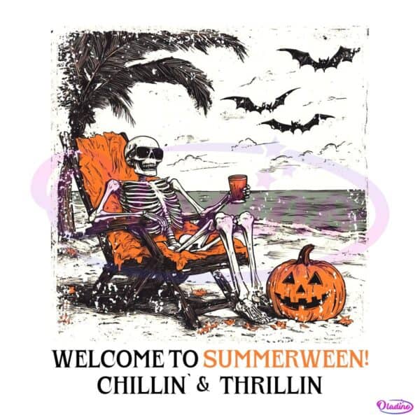 Funny Skeleton Summer Halloween Retro Spooky Pumpkin Beach PNG