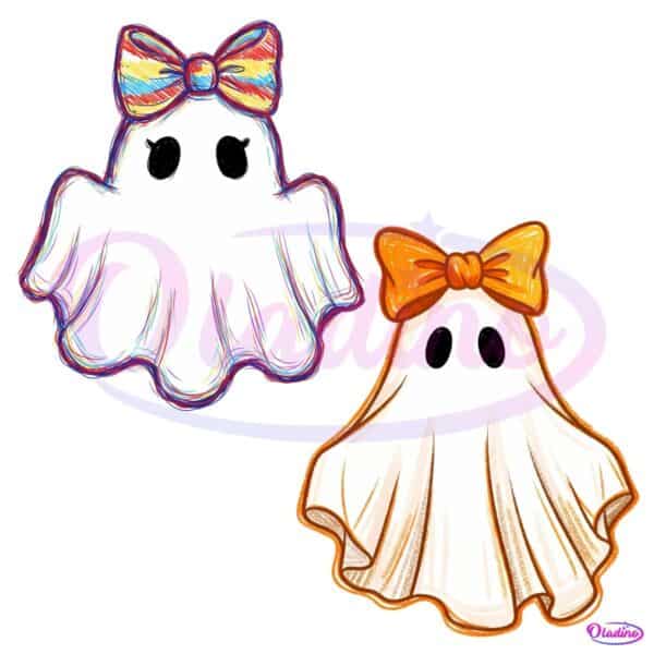Girly Halloween Ghost With Bow Handdrawn Crayon Style PNG