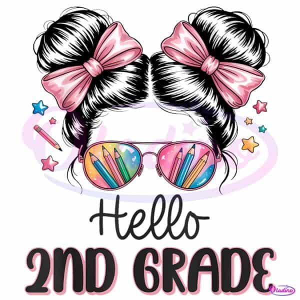Hello Second Grade Girl Hair Pencil Sunglasses Pink Bow Back To School PNG