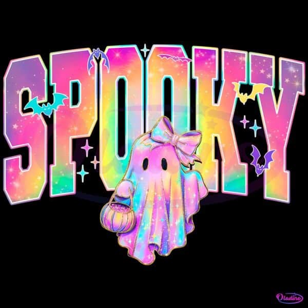 Holographic Neon Ghost Bow Spooky Halloween PNG
