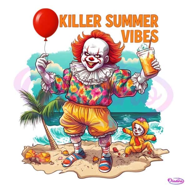 Killer Summer Vibes Funny Horror Clown On Beach Retro Vacation Halloween PNG