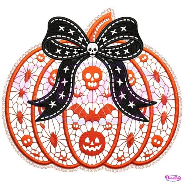 Lace Skull Bow Pumpkin Retro Halloween PNG