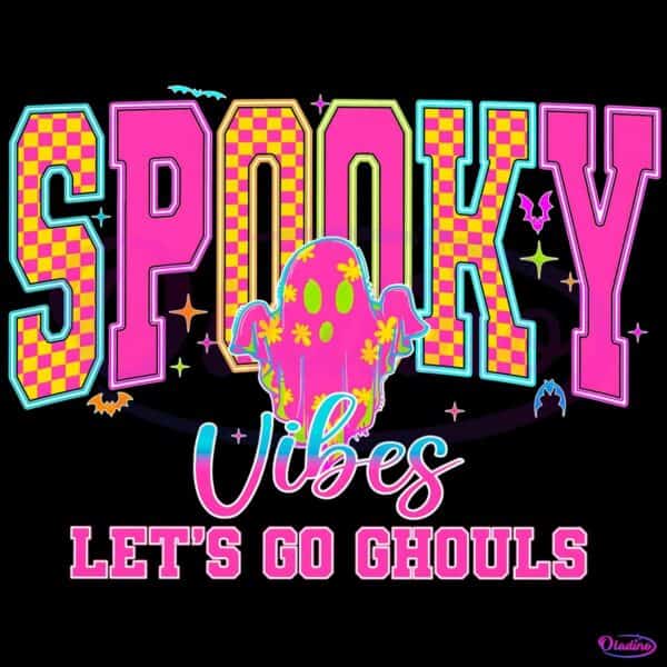 Neon Spooky Vibes Checkered Ghost Halloween PNG