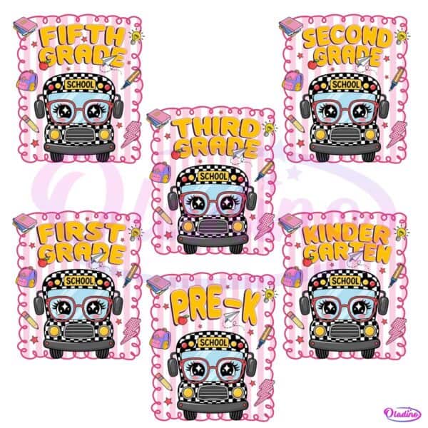 Preppy Back To School Cute Bus Girl Teacher Grade Level PNG Bundle