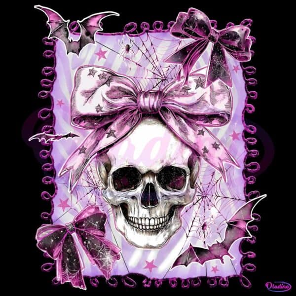 Preppy Skull With Purple Halloween Bow PNG