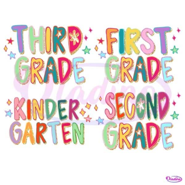 Retro Back To School Colorful Letter Kindergarten First Second Third Grade PNG Bundle