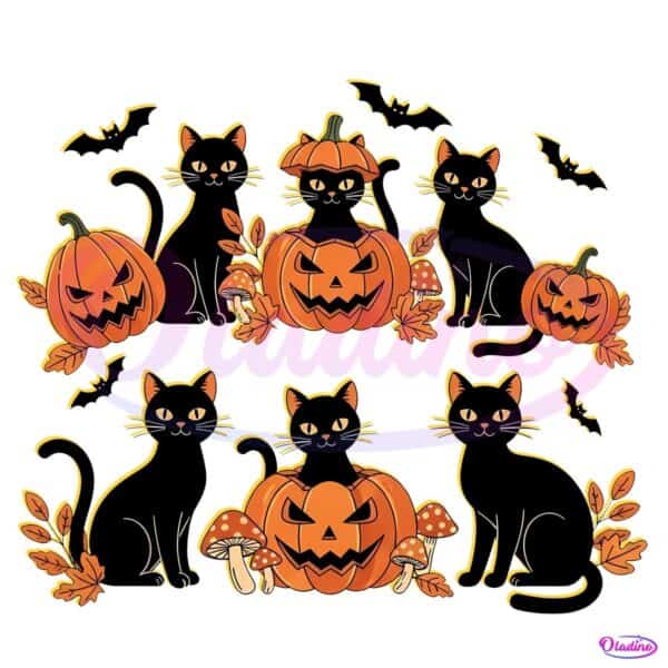 Retro Black Cat Pumpkin Halloween Fall Autumn Gothic PNG