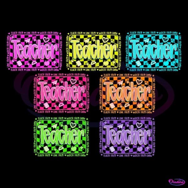 Retro Colorful Checkered Neon Teacher Groovy PNG