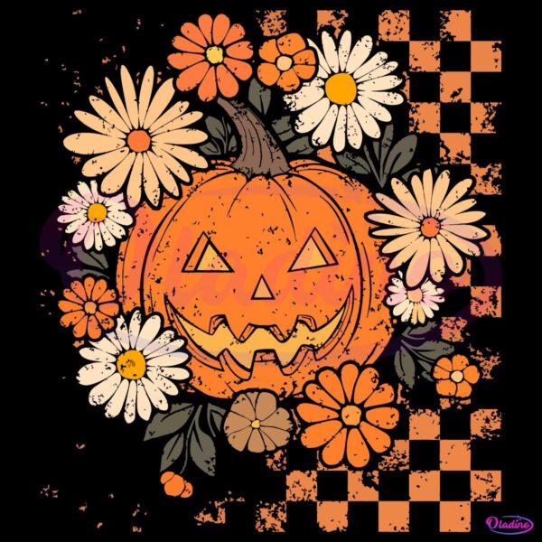 Retro Grunge Pumpkin Floral Checkered Fall Halloween PNG