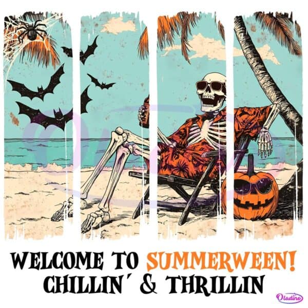 Retro Skeleton Beach Summerween Chillin Halloween PNG