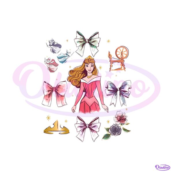 Aurora Princess Bows Crown Spinning Wheel Rose Graphic PNG