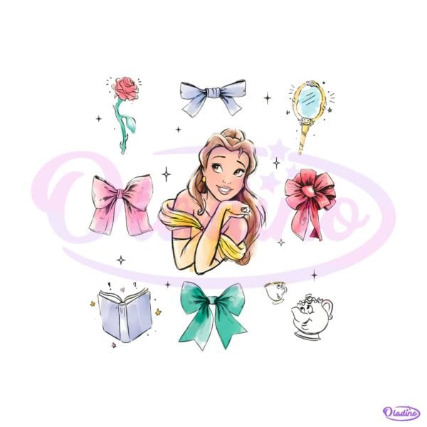 Belle Princess Bows Rose Book Teacup Mirror Graphic PNG